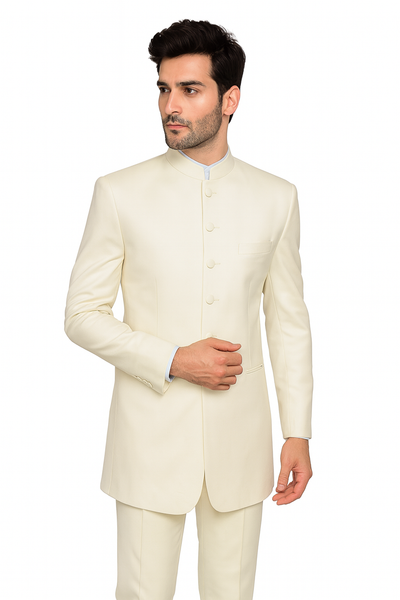 Men's 6 Button Two Piece Mandarin Banded Collar Cream Long Jacket - Men's Preaching Jacket