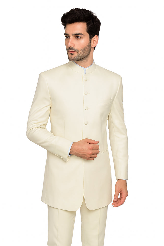 Men's 6 Button Two Piece Mandarin Banded Collar Cream Long Jacket - Men's Preaching Jacket