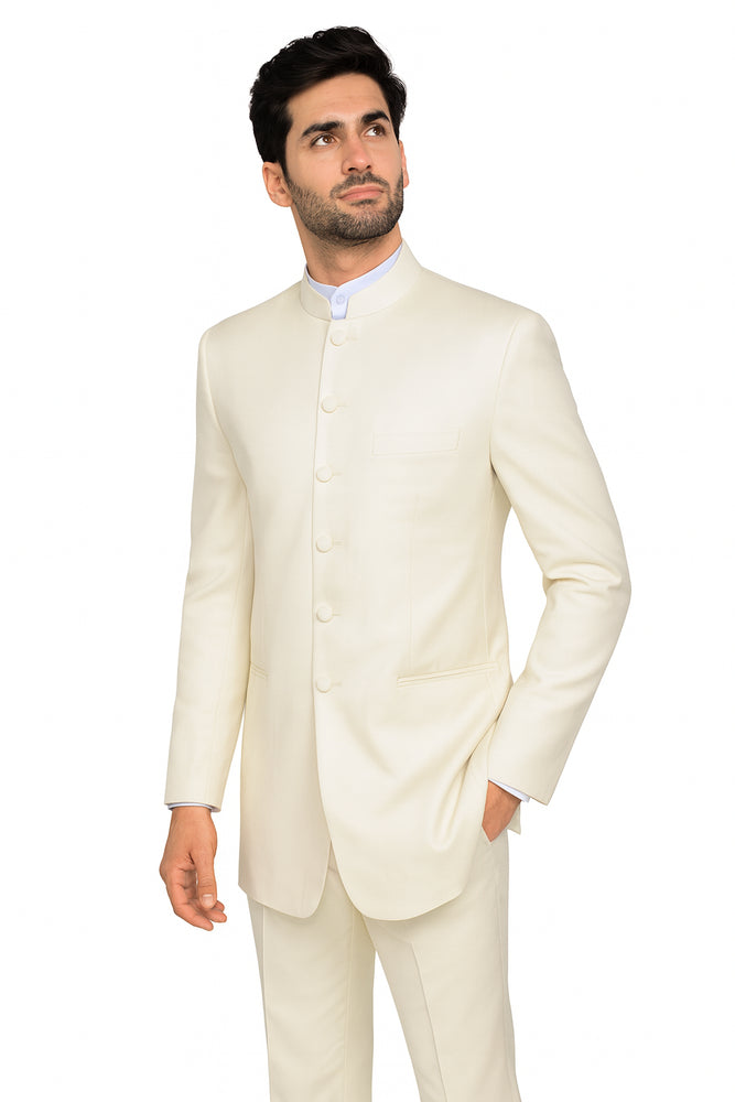 Men's 6 Button Two Piece Mandarin Banded Collar Cream Long Jacket - Men's Preaching Jacket