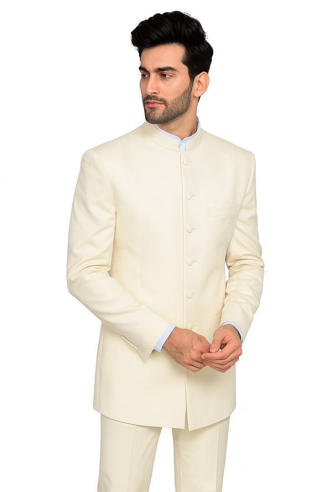 Men's 6 Button Two Piece Mandarin Banded Collar Cream Long Jacket - Men's Preaching Jacket
