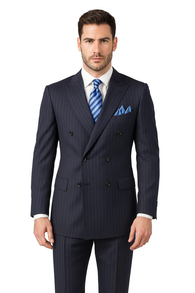 Men's Executive 6 on 2 double Breasted Suits Banker Pinstripe Black