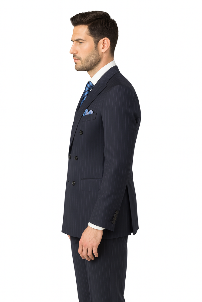 Men's Executive 6 on 2 double Breasted Suits Banker Pinstripe Black