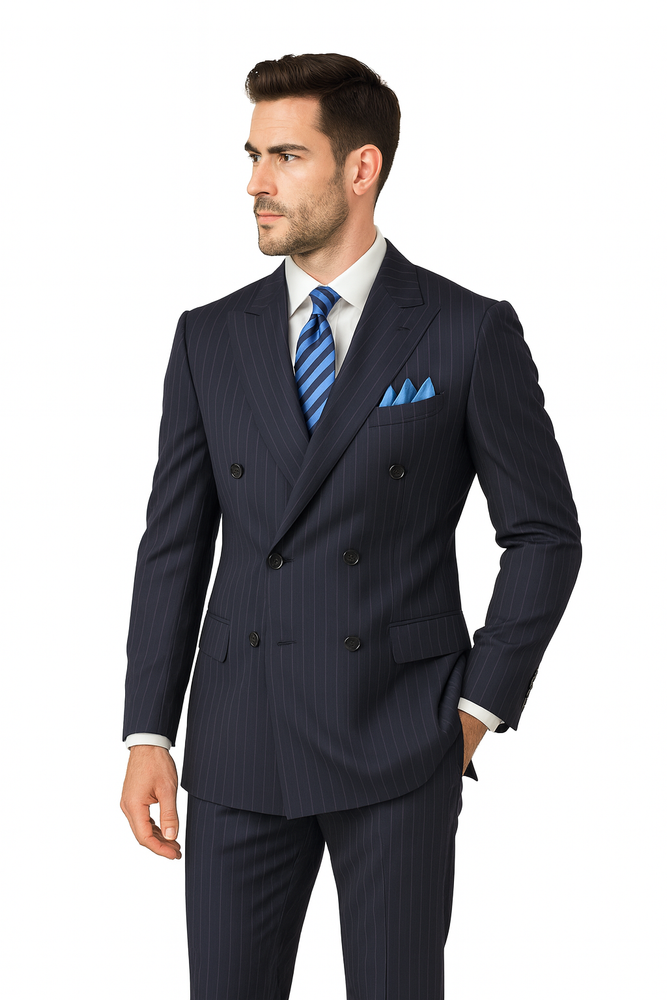 Men's Executive 6 on 2 double Breasted Suits Banker Pinstripe Black