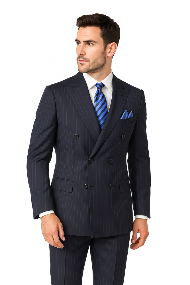 Men's Executive 6 on 2 double Breasted Suits Banker Pinstripe Black