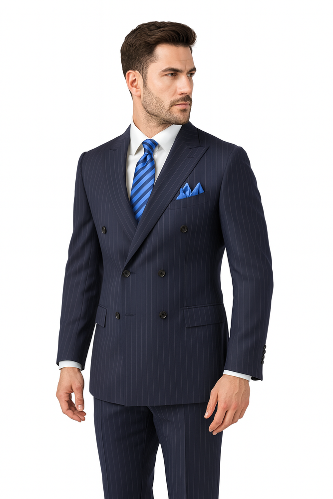 Men's Executive 6 on 2 double Breasted Suits Banker Pinstripe Black