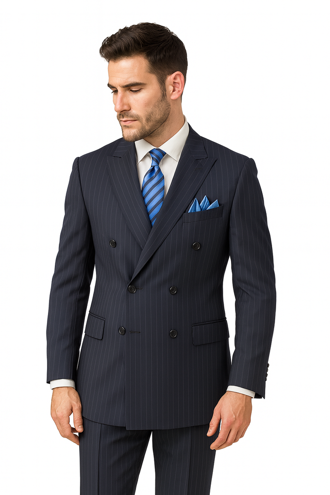 Men's Executive 6 on 2 double Breasted Suits Banker Pinstripe Black