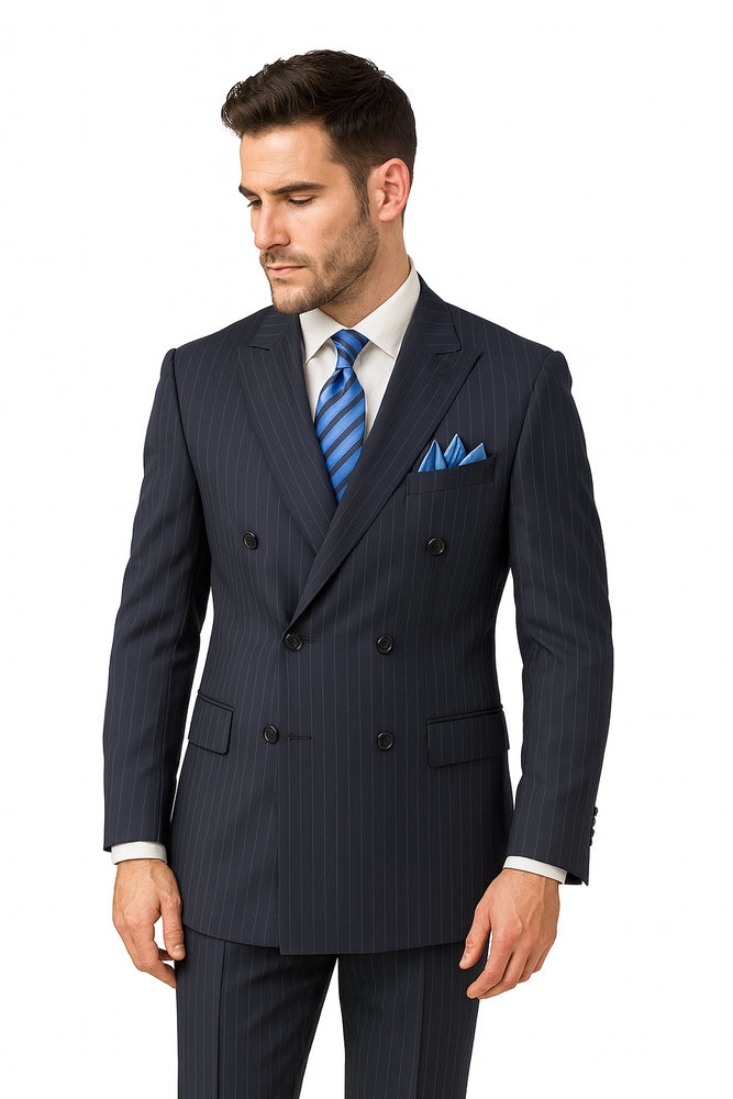 Men's Executive 6 on 2 double Breasted Suits Banker Pinstripe Black