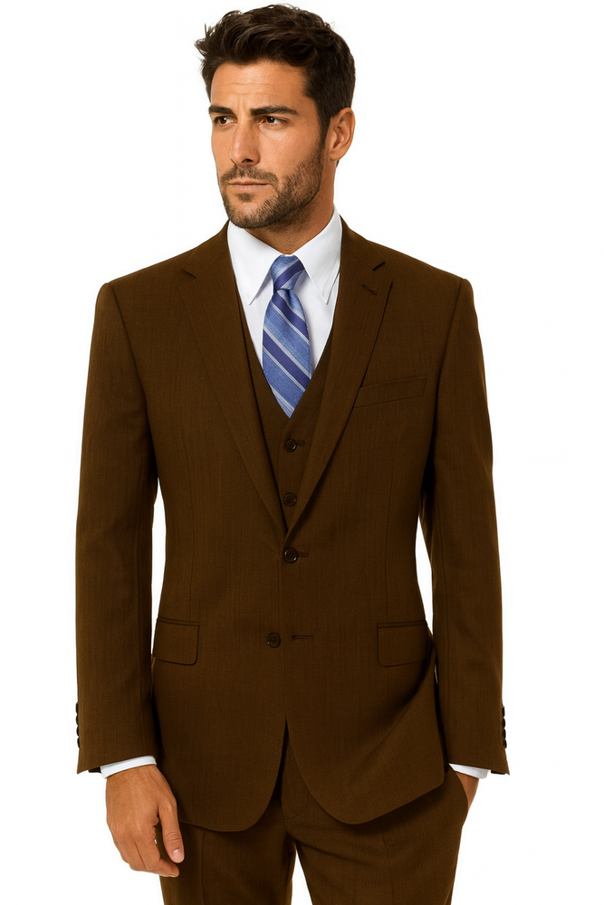 Men's 2 Button Wool Vested Dark Brown Suit with Pleated Trousers
