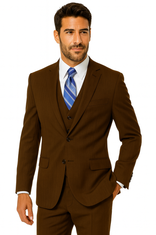 Men's 2 Button Wool Vested Dark Brown Suit with Pleated Trousers