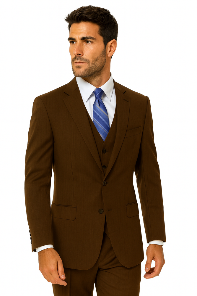 Men's 2 Button Wool Vested Dark Brown Suit with Pleated Trousers