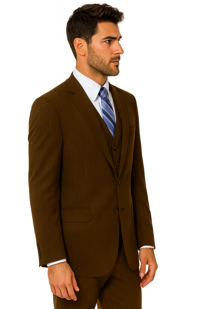 Men's 2 Button Wool Vested Dark Brown Suit with Pleated Trousers