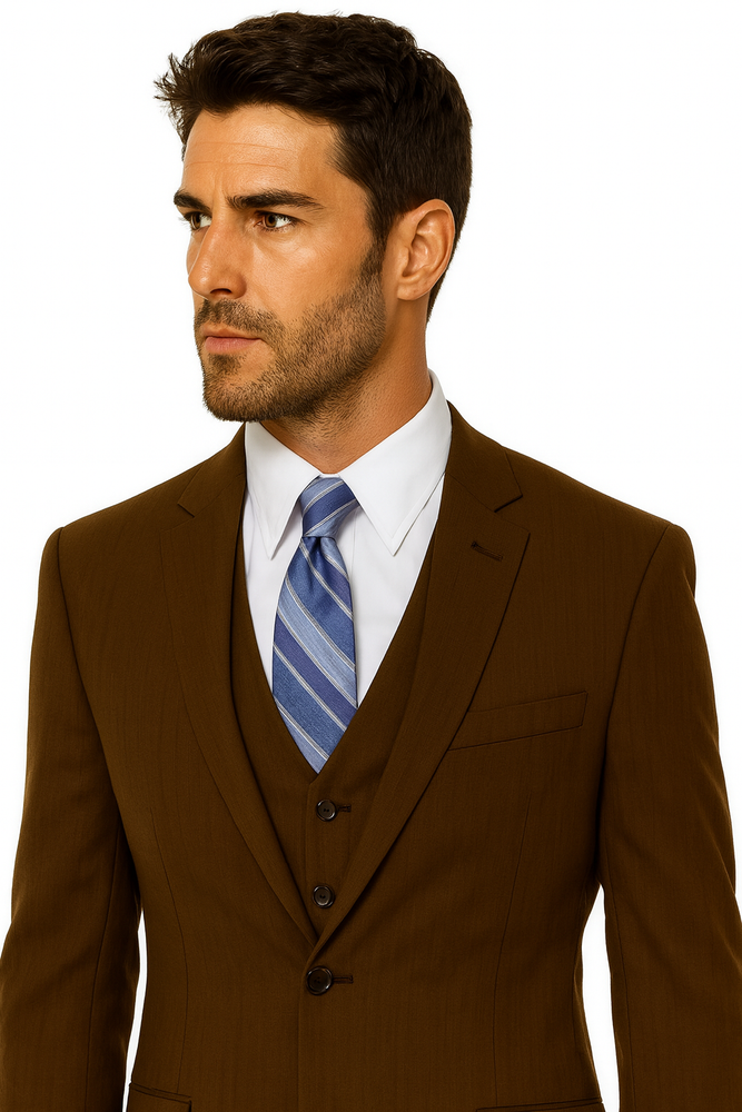 Men's 2 Button Wool Vested Dark Brown Suit with Pleated Trousers
