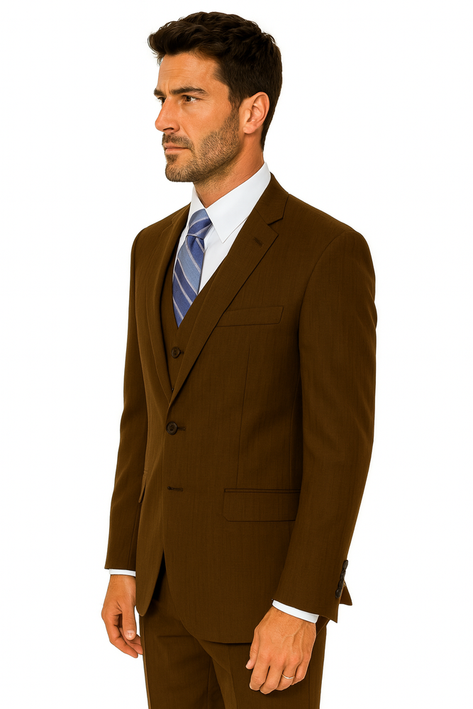 Men's 2 Button Wool Vested Dark Brown Suit with Pleated Trousers