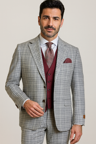 Steve Harvey Suit - Peak Lapel Modern Fit - No Pleated Pants Designer Brand Gray 3 Piece Vested Suit