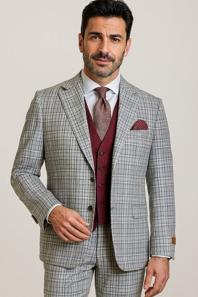 Steve Harvey Suit - Peak Lapel Modern Fit - No Pleated Pants Designer Brand Gray 3 Piece Vested Suit