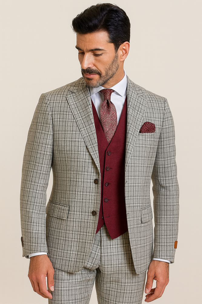Steve Harvey Suit - Peak Lapel Modern Fit - No Pleated Pants Designer Brand Gray 3 Piece Vested Suit