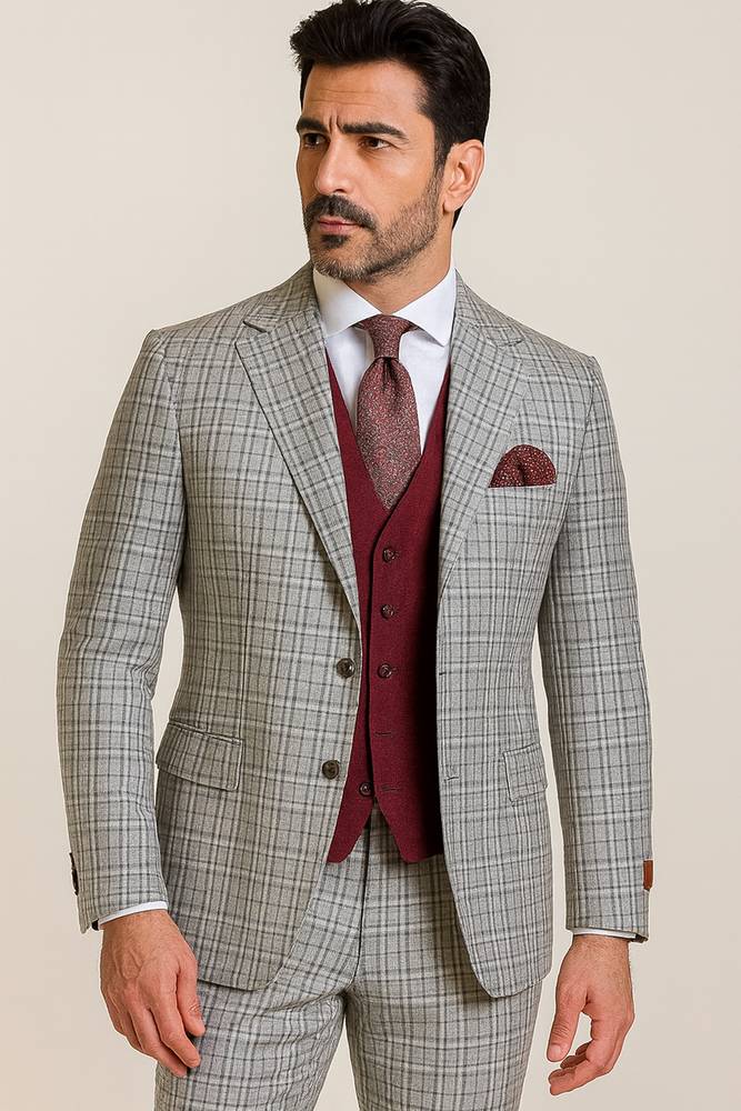 Steve Harvey Suit - Peak Lapel Modern Fit - No Pleated Pants Designer Brand Gray 3 Piece Vested Suit