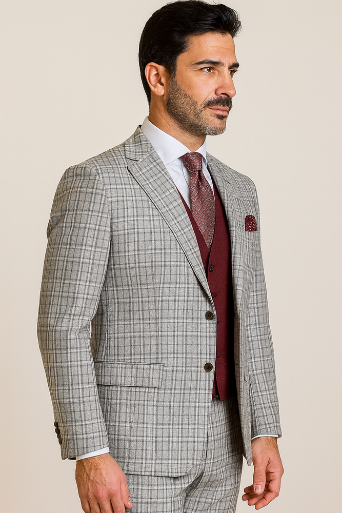 Steve Harvey Suit - Peak Lapel Modern Fit - No Pleated Pants Designer Brand Gray 3 Piece Vested Suit