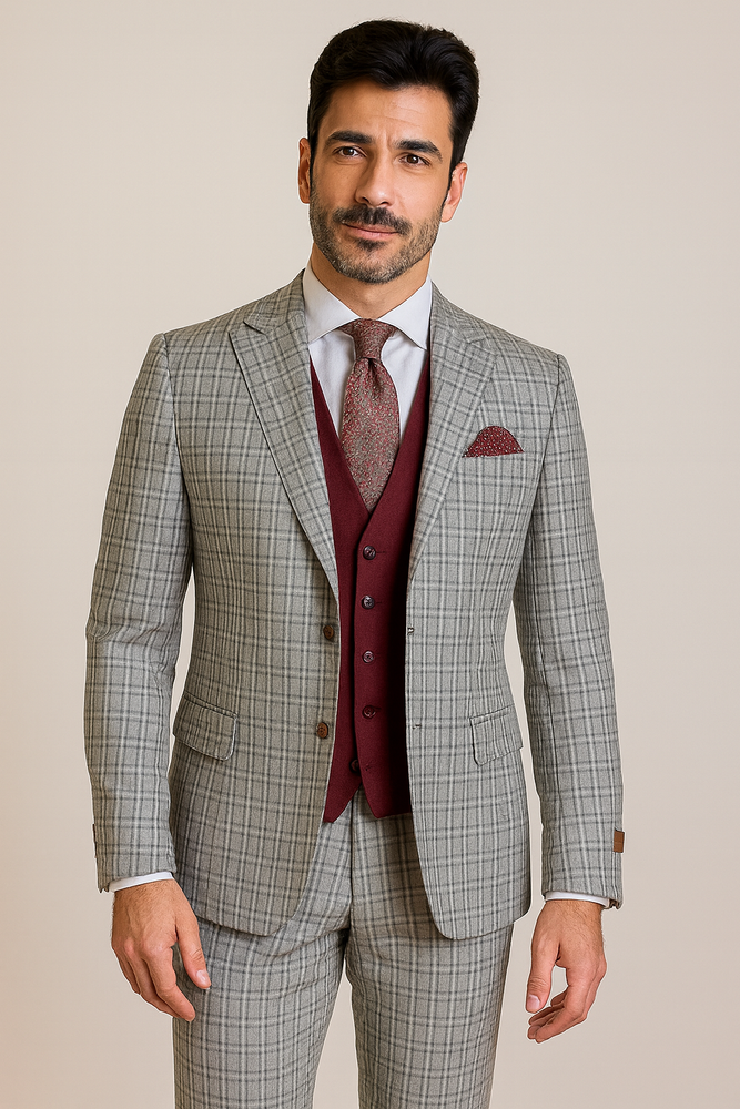 Steve Harvey Suit - Peak Lapel Modern Fit - No Pleated Pants Designer Brand Gray 3 Piece Vested Suit