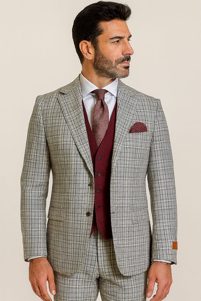 Steve Harvey Suit - Peak Lapel Modern Fit - No Pleated Pants Designer Brand Gray 3 Piece Vested Suit