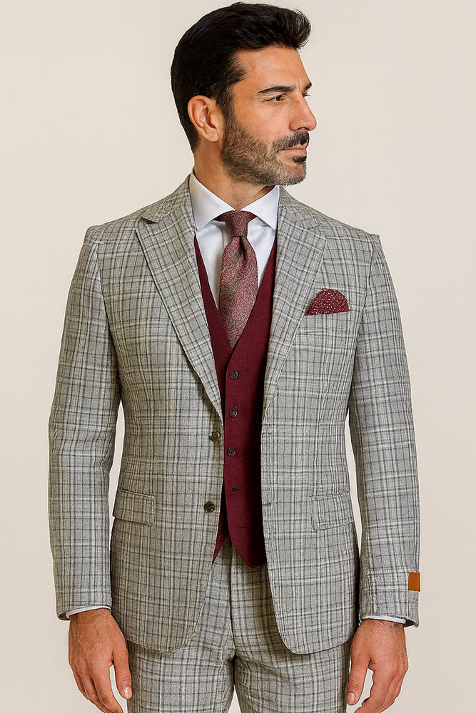 Steve Harvey Suit - Peak Lapel Modern Fit - No Pleated Pants Designer Brand Gray 3 Piece Vested Suit