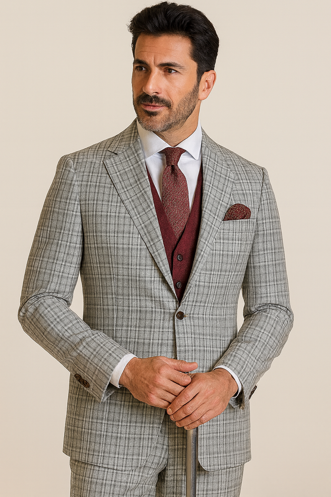 Steve Harvey Suit - Peak Lapel Modern Fit - No Pleated Pants Designer Brand Gray 3 Piece Vested Suit