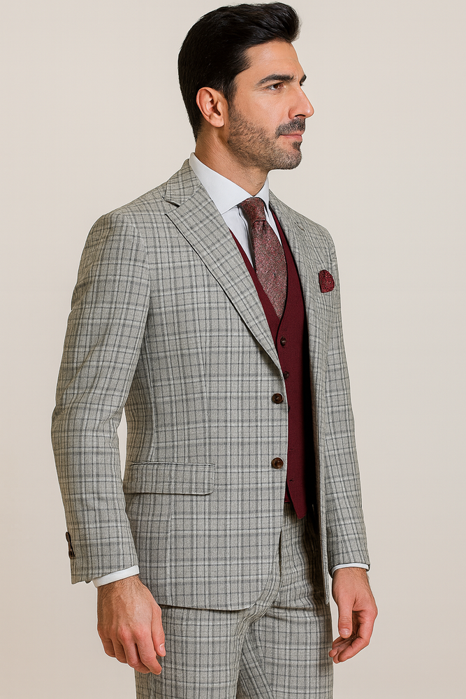Steve Harvey Suit - Peak Lapel Modern Fit - No Pleated Pants Designer Brand Gray 3 Piece Vested Suit