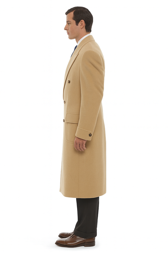 Men's Dress Coat 44 Inch Long Length Camel ~ Khaki ~ Beige ~ Tan Double Breasted Wool Blend Overcoat