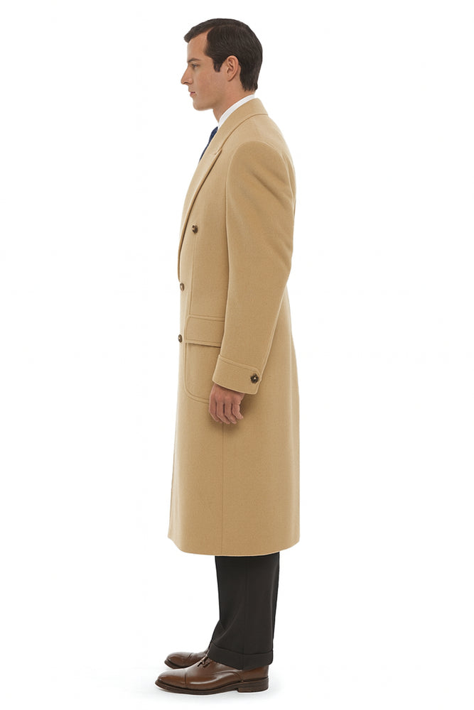 Men's Dress Coat 44 Inch Long Length Camel ~ Khaki ~ Beige ~ Tan Double Breasted Wool Blend Overcoat