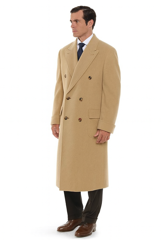 Men's Dress Coat 44 Inch Long Length Camel ~ Khaki ~ Beige ~ Tan Double Breasted Wool Blend Overcoat