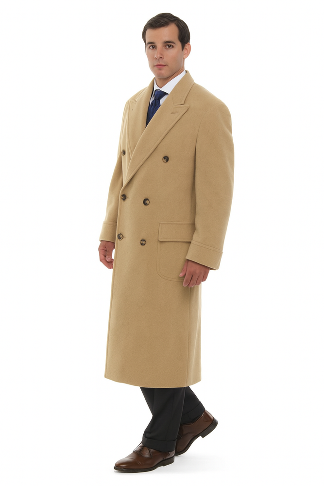 Men's Dress Coat 44 Inch Long Length Camel ~ Khaki ~ Beige ~ Tan Double Breasted Wool Blend Overcoat