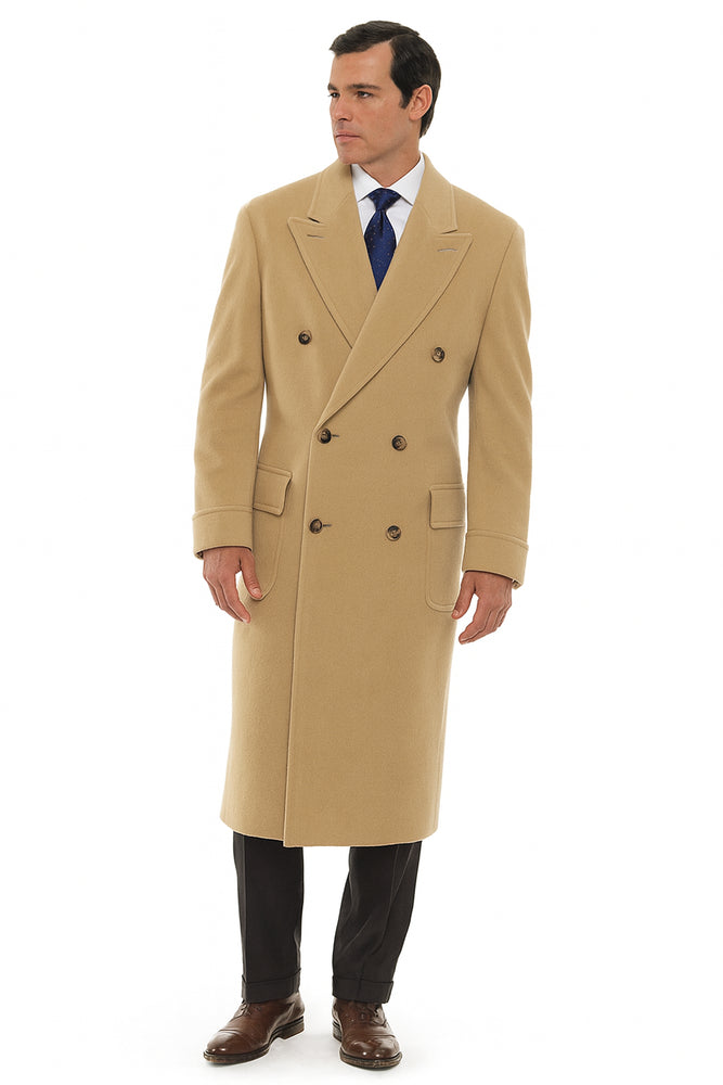 Men's Dress Coat 44 Inch Long Length Camel ~ Khaki ~ Beige ~ Tan Double Breasted Wool Blend Overcoat