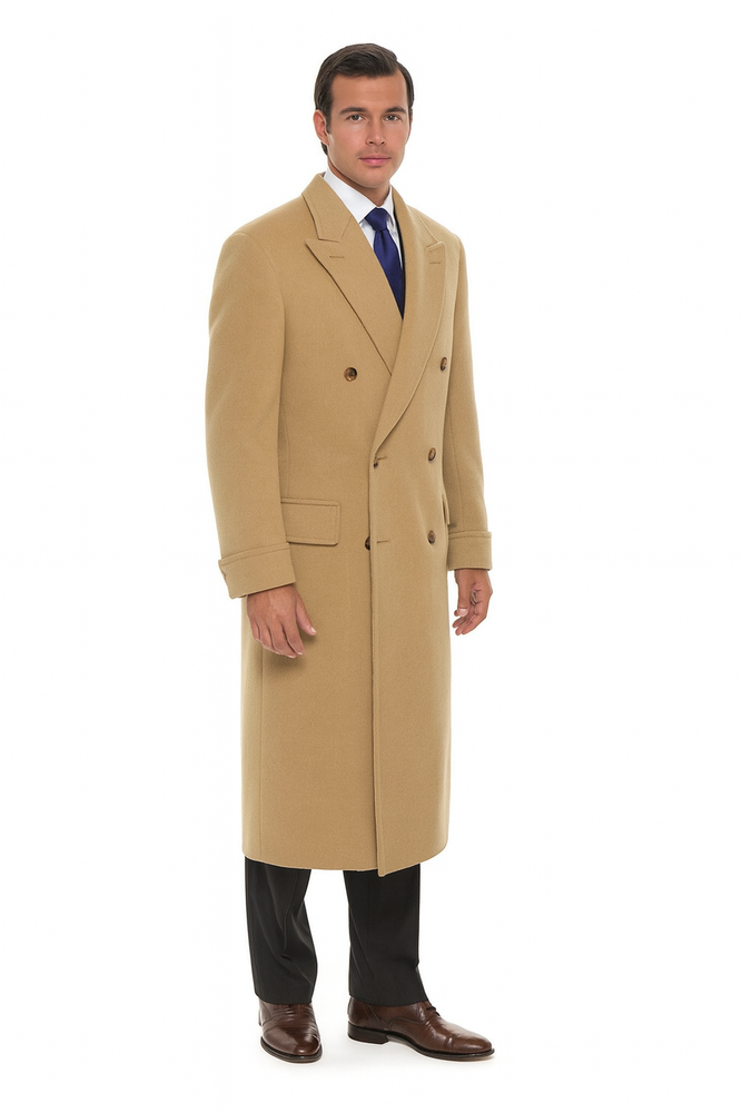 Men's Dress Coat 44 Inch Long Length Camel ~ Khaki ~ Beige ~ Tan Double Breasted Wool Blend Overcoat