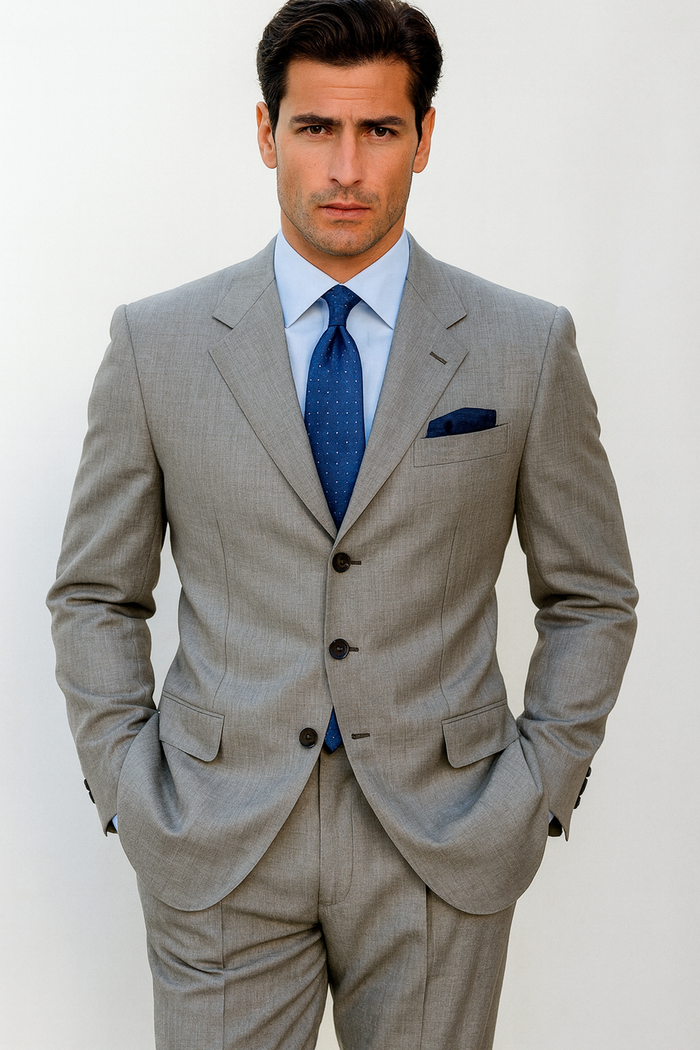 Expensive full canvas quality 3 buttons Super 150's Wool & Marino Wool Solid Light Gray premier quality italian fabric Suit