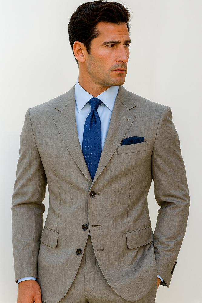 Expensive full canvas quality 3 buttons Super 150's Wool & Marino Wool Solid Light Gray premier quality italian fabric Suit