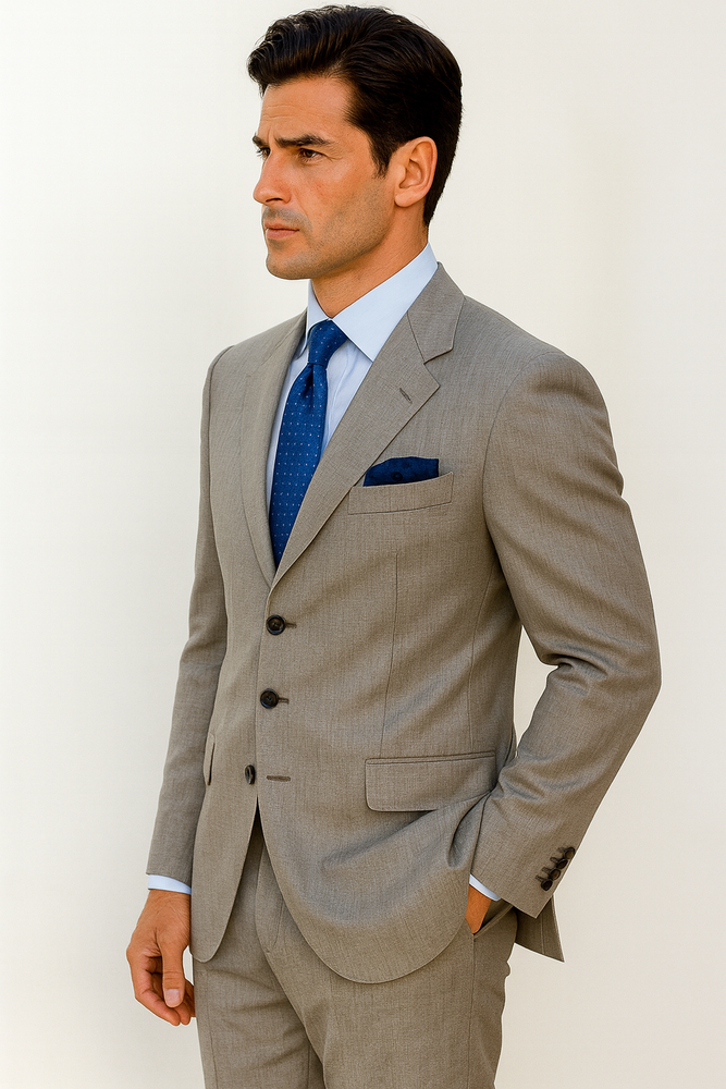Expensive full canvas quality 3 buttons Super 150's Wool & Marino Wool Solid Light Gray premier quality italian fabric Suit