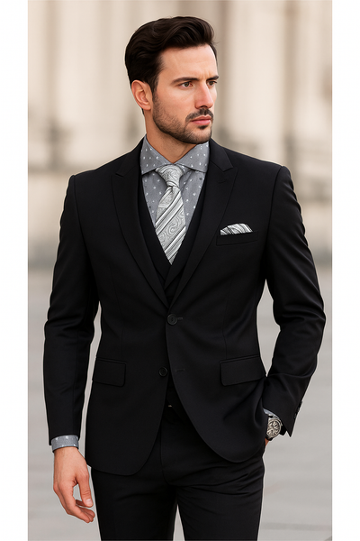 Men's 1 Button Wool Black Peak Lapel Suits