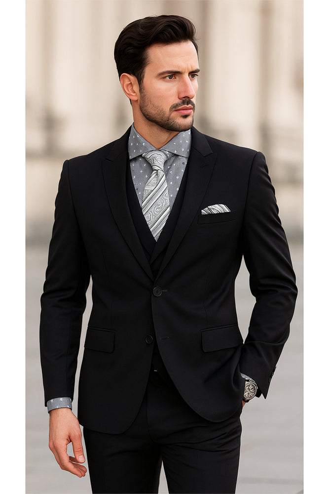 Men's 1 Button Wool Black Peak Lapel Suits