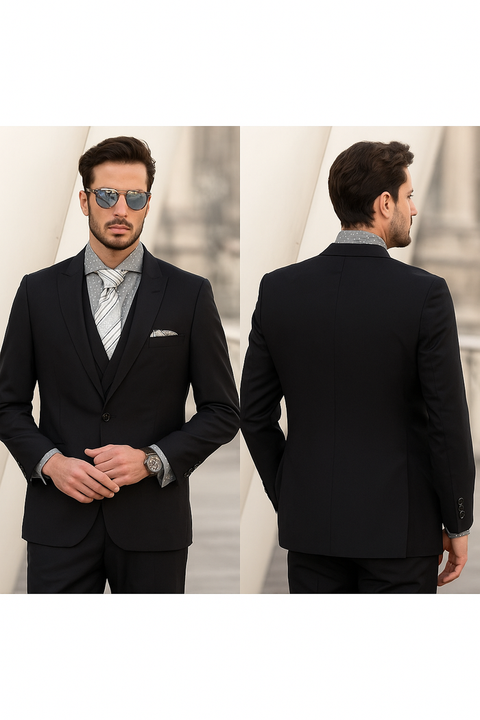 Men's 1 Button Wool Black Peak Lapel Suits