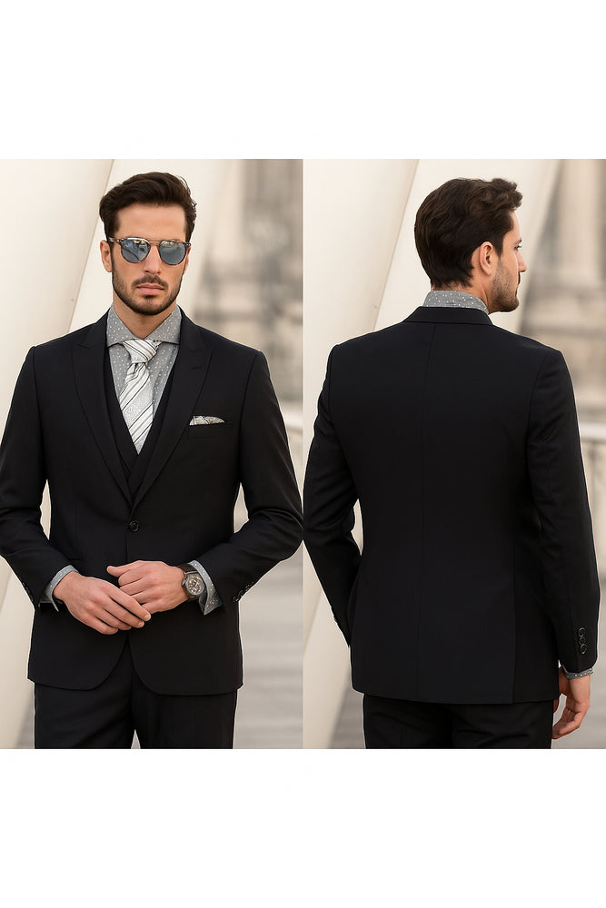 Men's 1 Button Wool Black Peak Lapel Suits