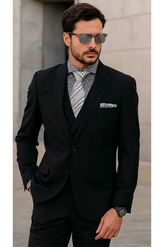 Men's 1 Button Wool Black Peak Lapel Suits