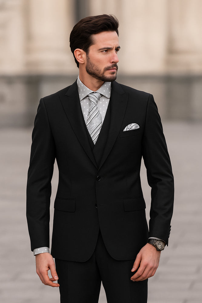 Men's 1 Button Wool Black Peak Lapel Suits