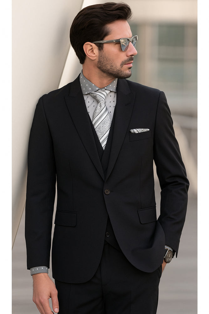 Men's 1 Button Wool Black Peak Lapel Suits