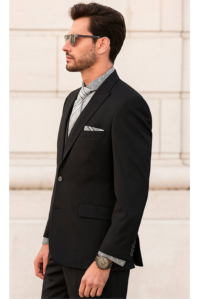 Men's 1 Button Wool Black Peak Lapel Suits