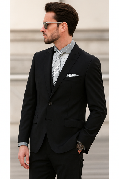 Men's 1 Button Wool Black Peak Lapel Suits