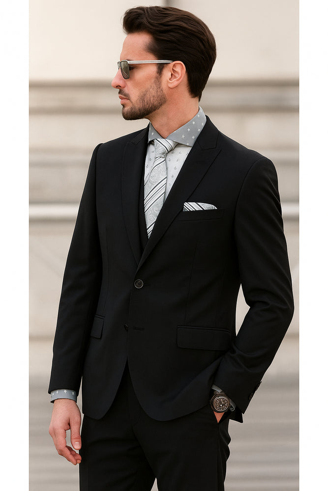 Men's 1 Button Wool Black Peak Lapel Suits