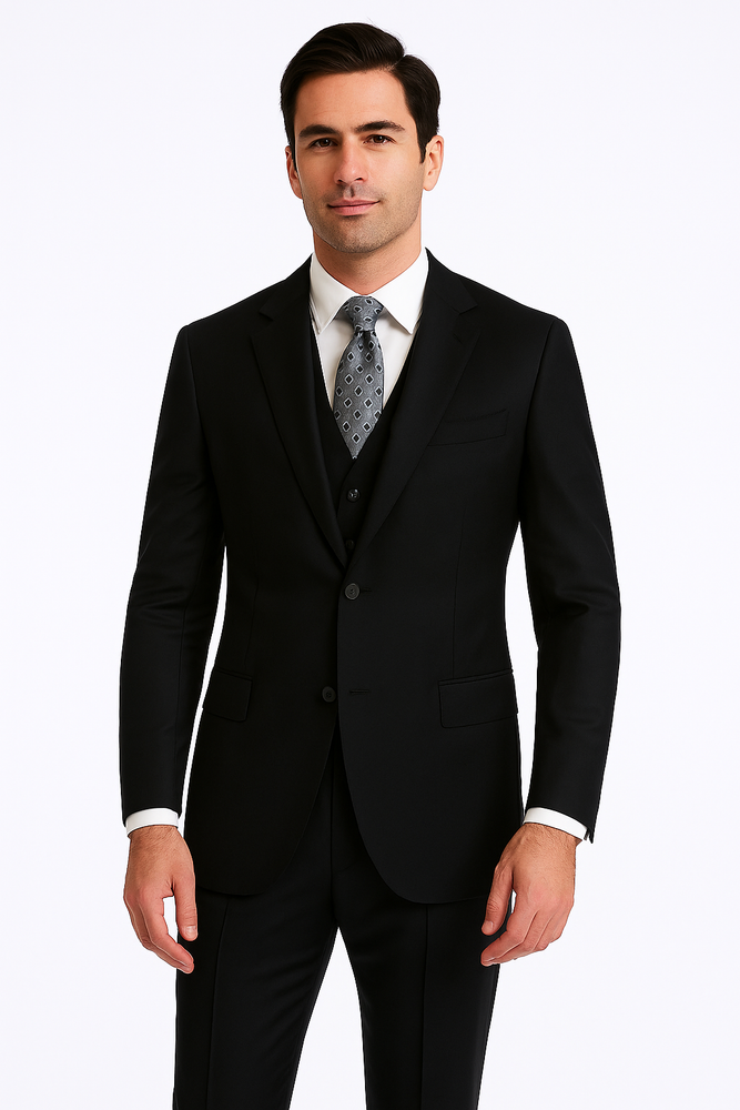 Men's 2 Black Wool three piece suit with Pleated Trousers