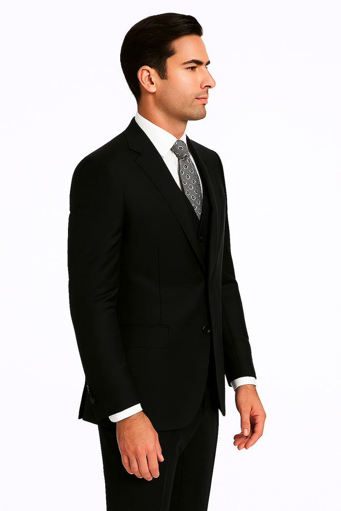 Men's 2 Black Wool three piece suit with Pleated Trousers