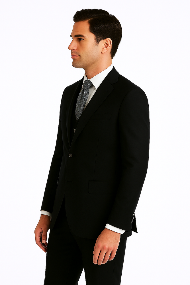 Men's 2 Black Wool three piece suit with Pleated Trousers