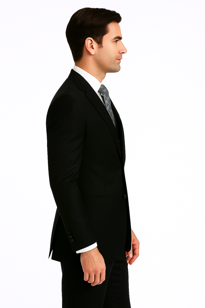 Men's 2 Black Wool three piece suit with Pleated Trousers